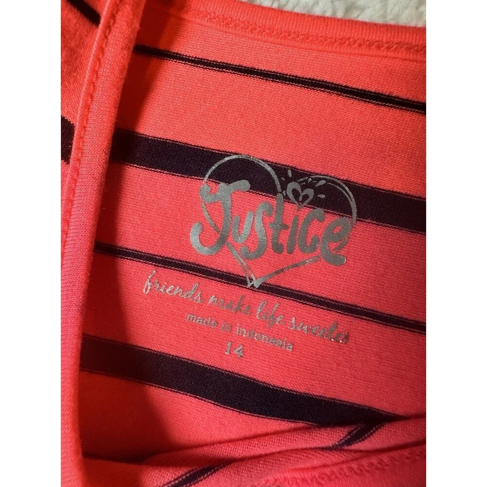 Justice Girl's sz 14 Pink Black Striped Stretch Sleeveless Assymetrical Tank Top